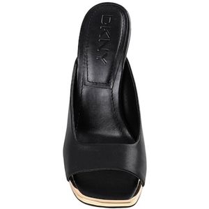 DKNY Anya Leather Square Toe Dress Slides Heels Black and Gold